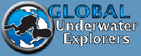 Gue logo. Diver with scooter with globe in background